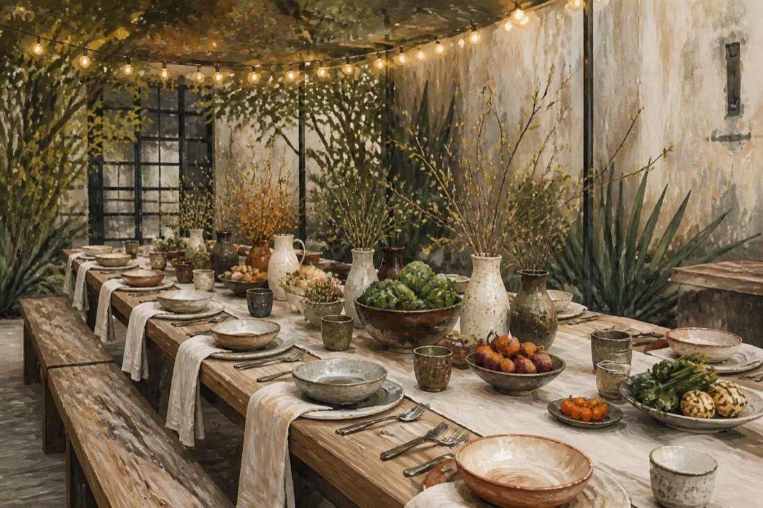 Editorial illustration of a long communal table prepared with seasonal food
