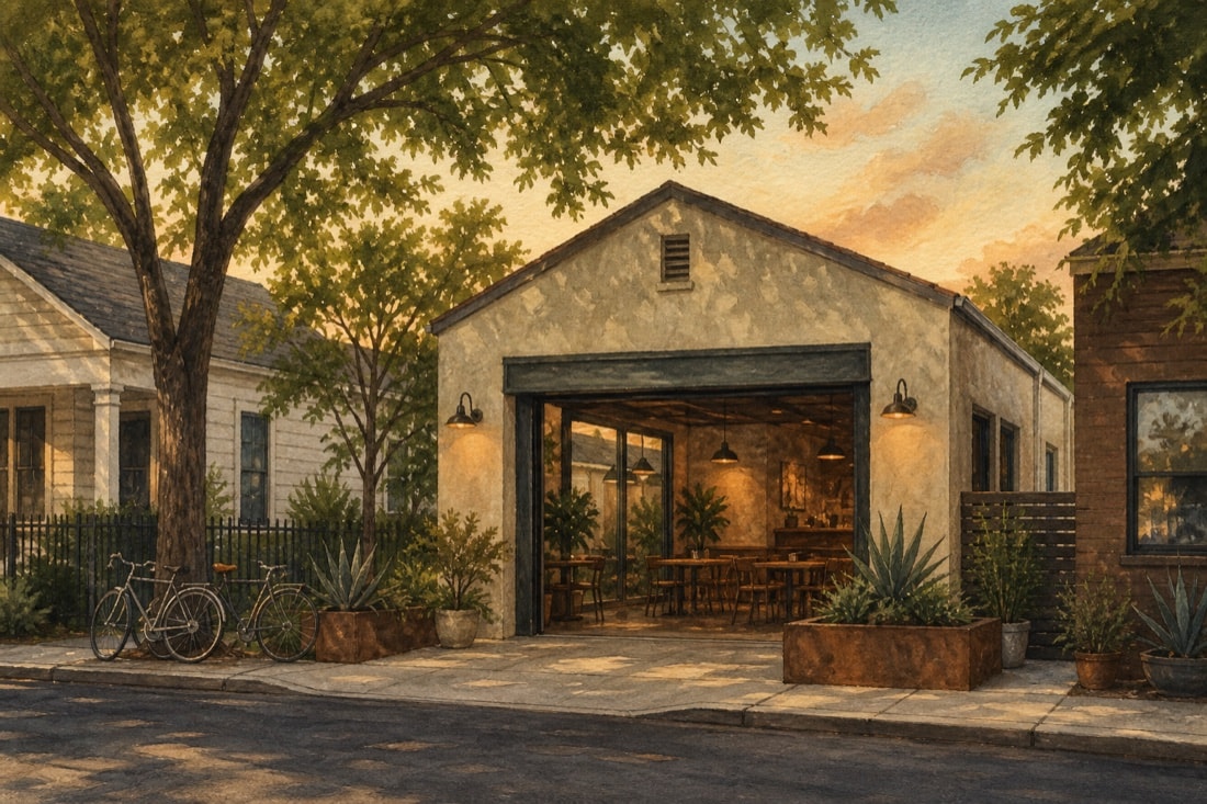 Editorial illustration of an adapted building opening toward trees and native planting
