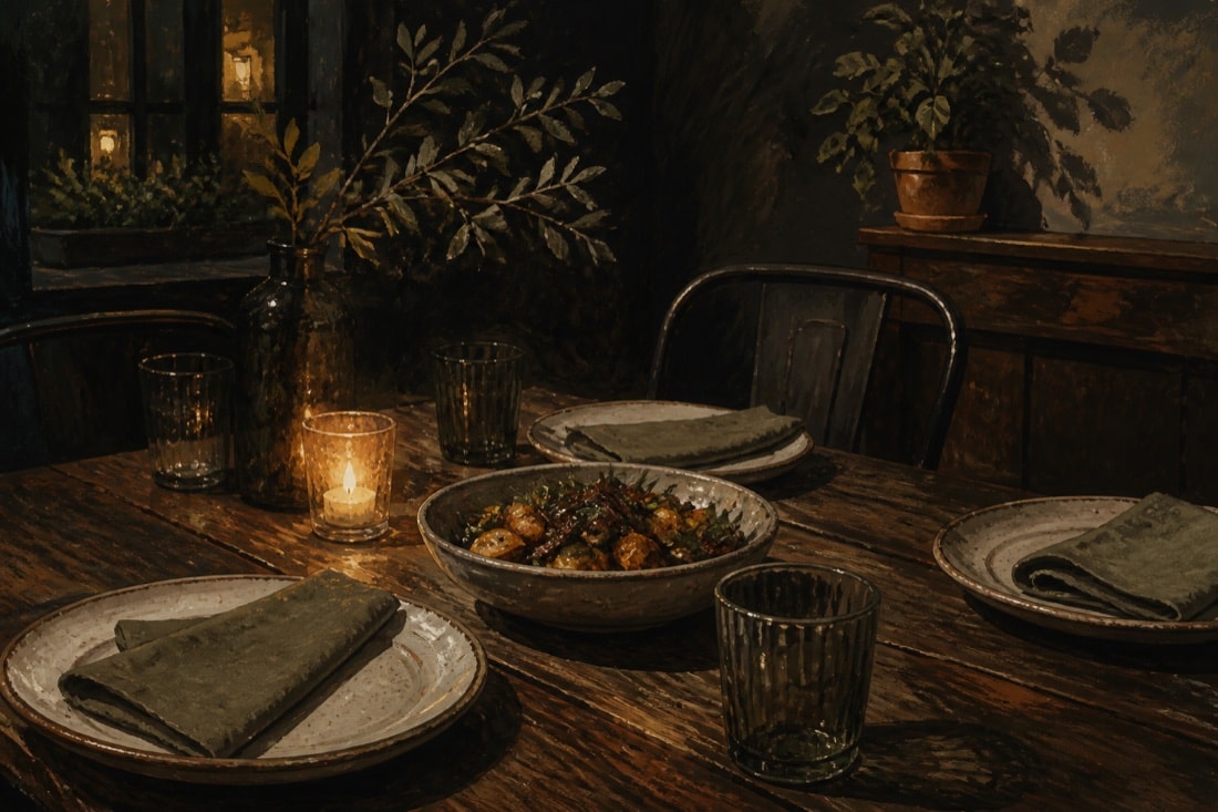 Editorial illustration of a dinner setting with simple glassware and seasonal food