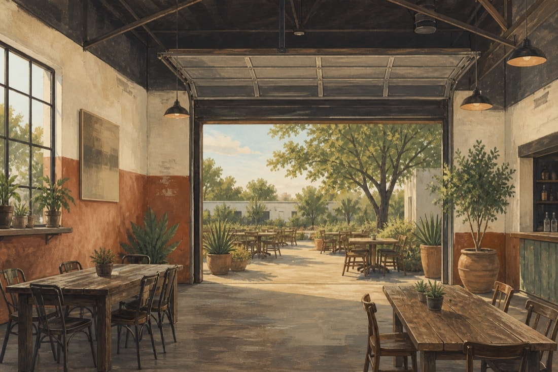 Editorial illustration of an open converted-garage dining room and patio