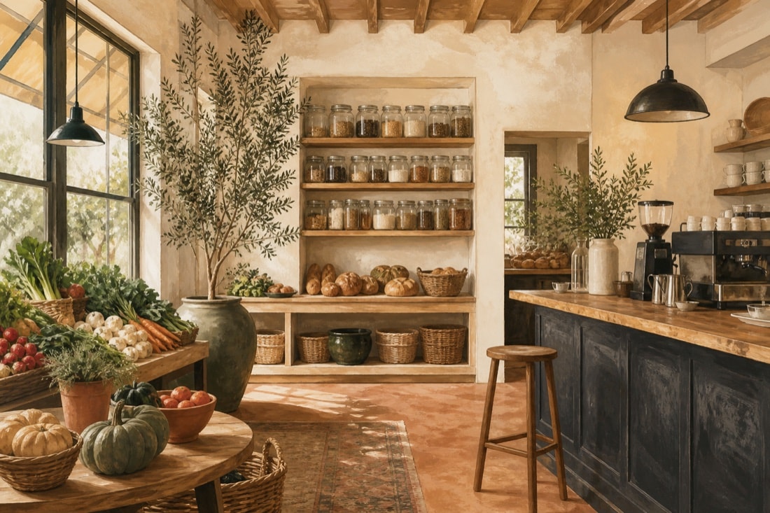 Editorial illustration of market shelves with bread, produce and an empty coffee counter