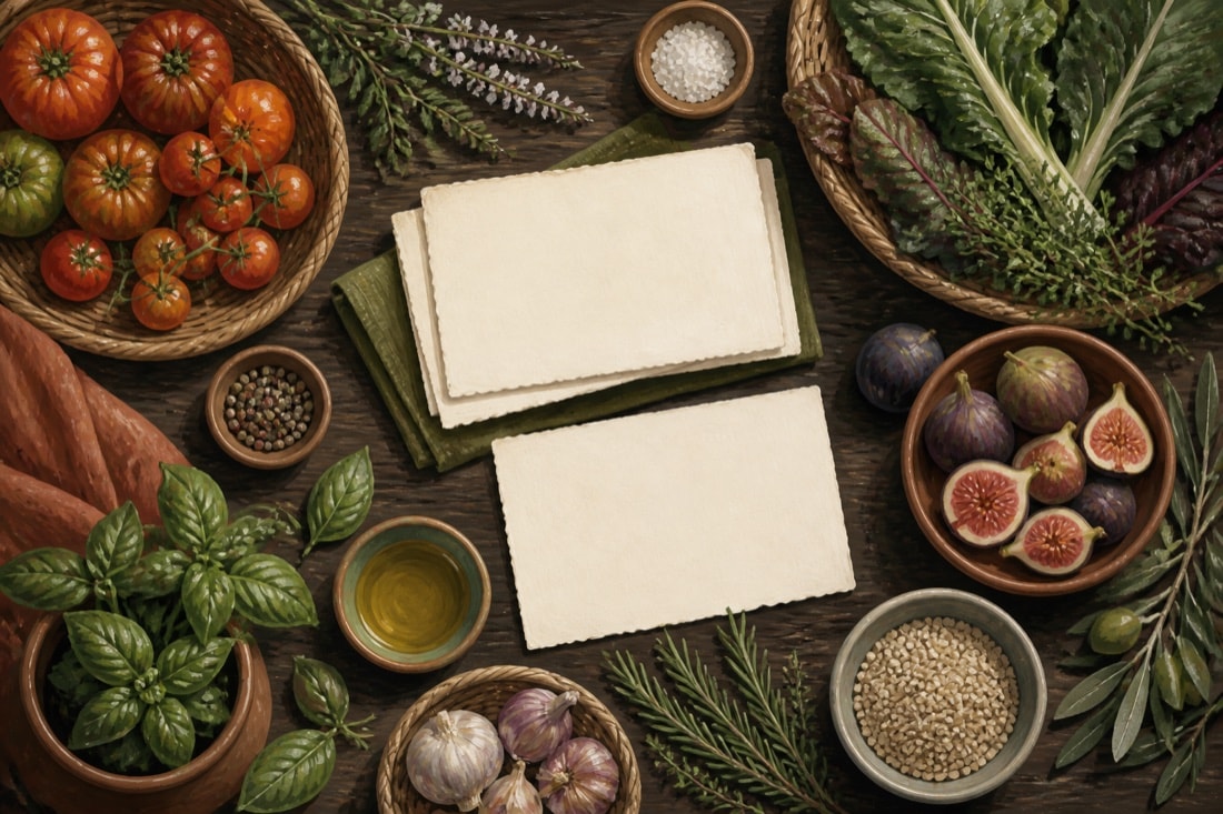 Editorial illustration of seasonal produce on a menu-planning table